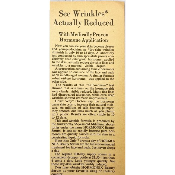 Hormonex Beauty Serum "See Wrinkles Actually Reduced" Vintage Print Ad 1970 - Picture 2 of 3